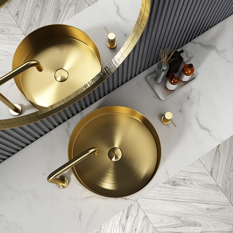 Modern Vessel Sink Round Metal with Faucet and Pop-Up Drain Vessel Lavatory Sink