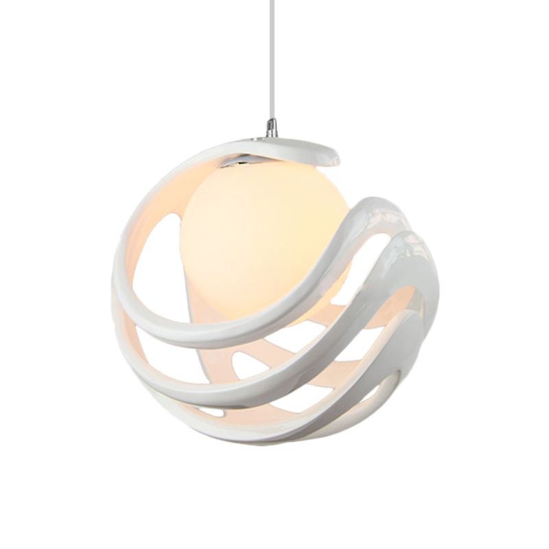 Resin Curled Cage Pendant Lighting Modern 1 Bulb White Ceiling Lamp with Orb Milk Glass Shade