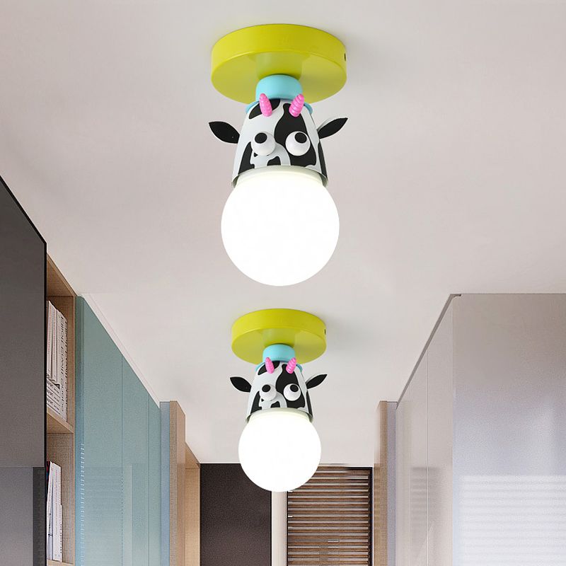 Single Bulb Bedroom Semi-Flush Mount Lighting Kids Yellow Ceiling Lamp with Giraffe / Monkey / Tiger Metal Shade