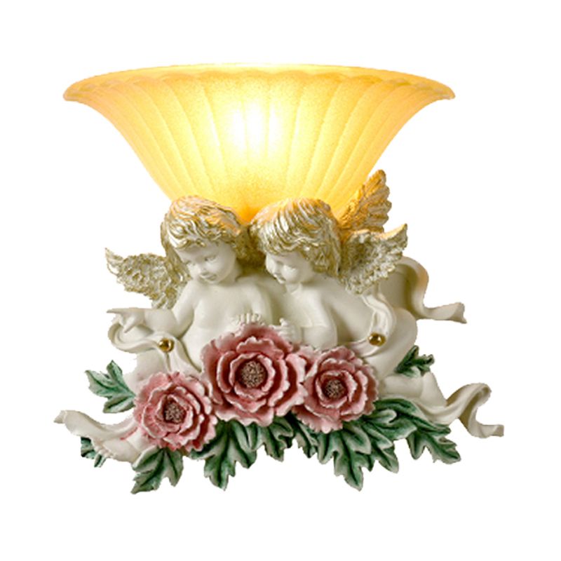 LAMPE DE MUR VERNE GRATINE ÉLEVÉE STYLE RÉTRO RETRO 1-LIGHT Yellow Flush Wall Light Sronce avec Rose / Beige Rose Detail