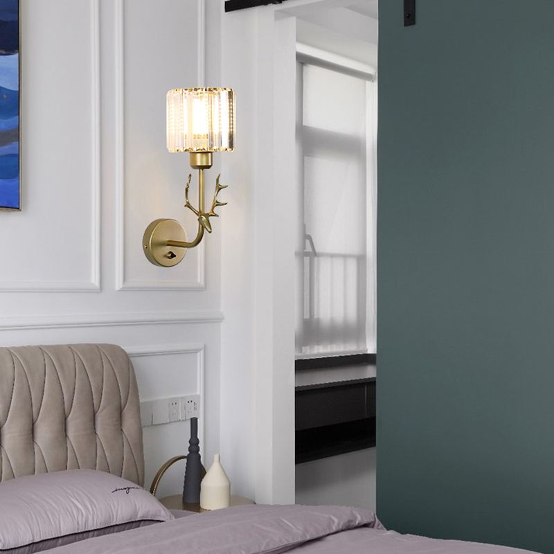 Nordic Style Crystal Wall Light Geometric Wall Sconce with Antler for Bedroom