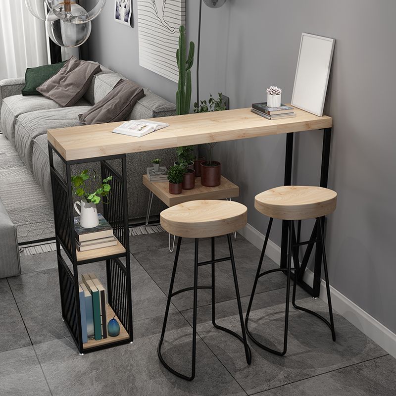 Natural Finish Solid Wood Top Bar Table Contemporary Metal Frame Pub Table