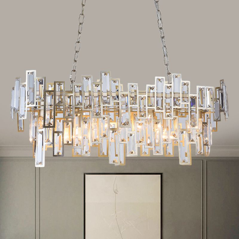 7 Bulbs Oval Frame Pendant Lamp Modern Black/Gold Clear Rectangular-Cut Crystals Encrusted Island Lighting