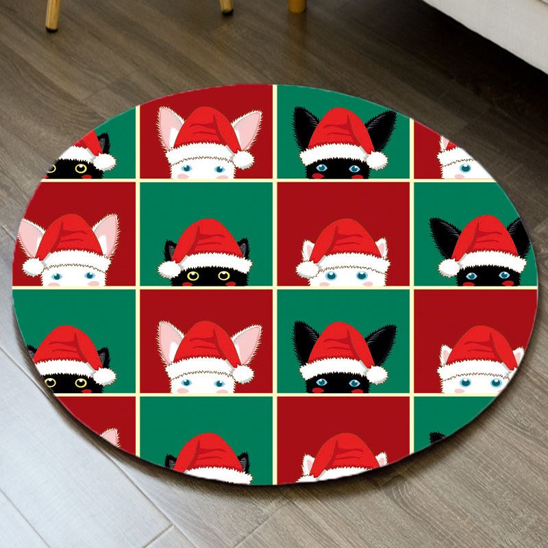 Round Funky Living Room Carpet Christmas Print Rug Polyester Washable Carpet with Non-Slip Backing