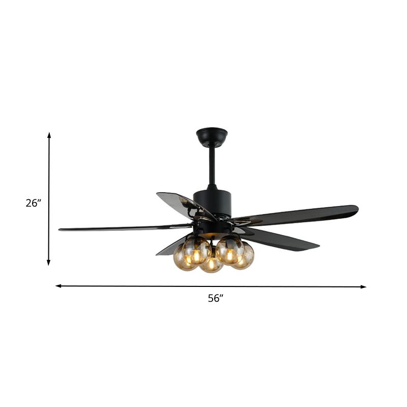 Black 5 Bulbs Ceiling Fan Light Antiqued Clear Glass Global Semi Flush Mounted Lamp with 5 Blades, 56" Wide