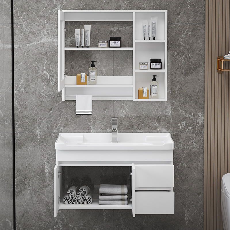 Wall Mount Single Bathroom Vanity Modern White Rectangular Wood Vanity Set