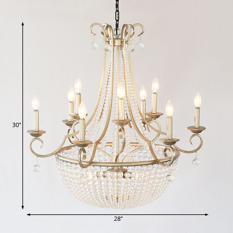 Modernism Candle Ceiling Chandelier Crystal 9 Heads Hanging Light Fixture in Brass for Bedroom