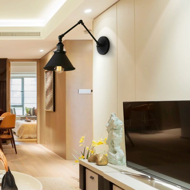 Matión de metal Swing Pared Mount Light Industrial 1 Sala de estudio de bombilla Sala de pared con sombra cónica en negro