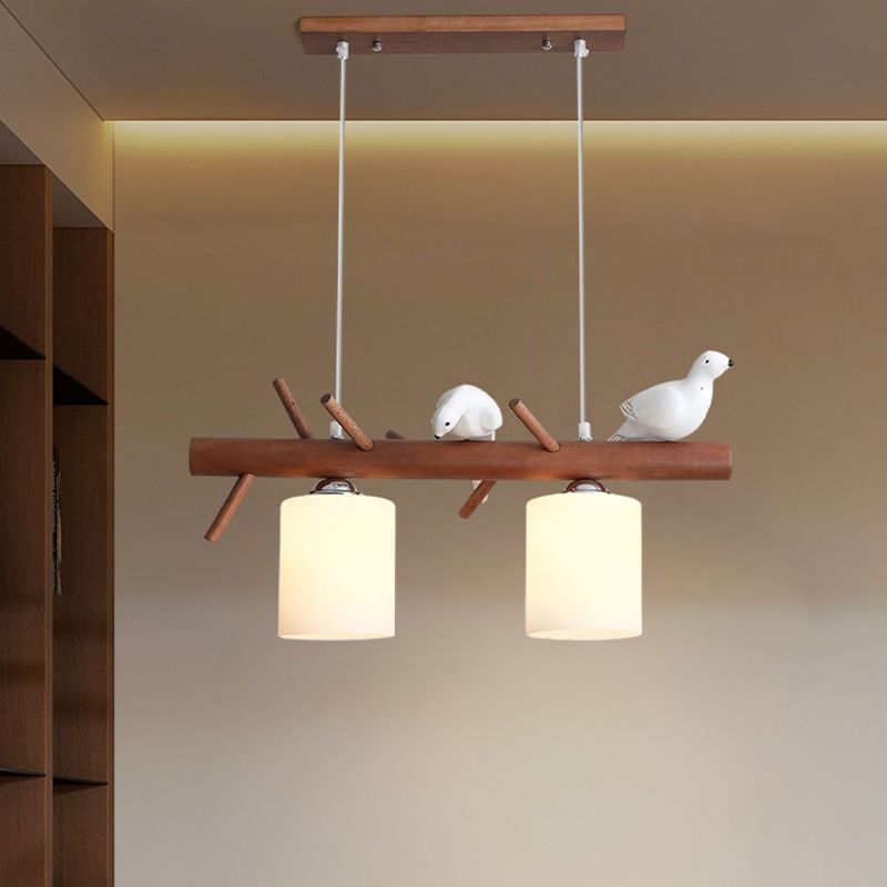 Wood Modern Pendant Light Cylinder Shape Island Light with Glass Shade for Living Room