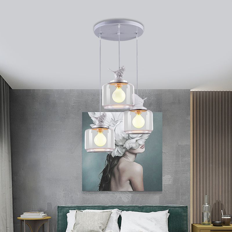 Drum Clear Glass Pendant Lighting Nordic 3 Bulbs White Multi Light Ceiling Light with Resin Bird Top