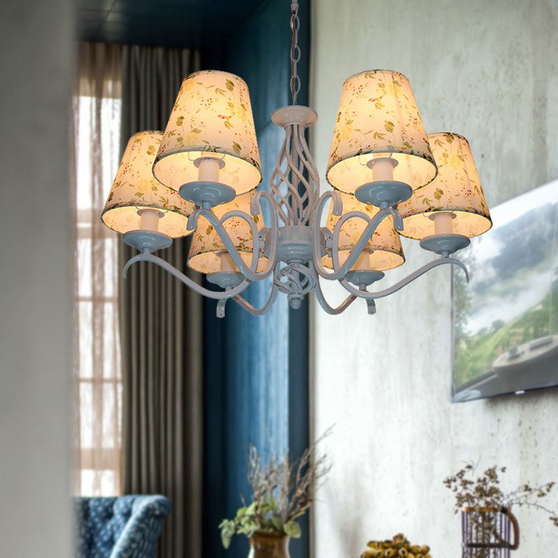 Azul claro 6 cabezas lámpara de lámpara tradicionalismo tela led cónico accesorio de iluminación suspendida