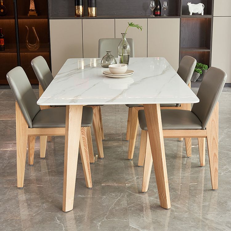 Rectangle Contemporary Dining Room Table White Sintered Stone Table with Ash Solid Wood Base