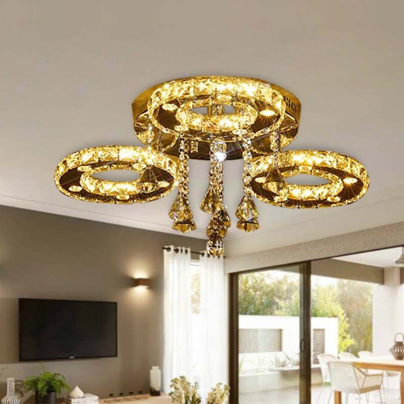Ring Semi Flush Light Contemporary K9 Crystal Chrome 23.5"/28"/33.5" Wide LED Ceiling Lamp, Warm/White/2 Color Light