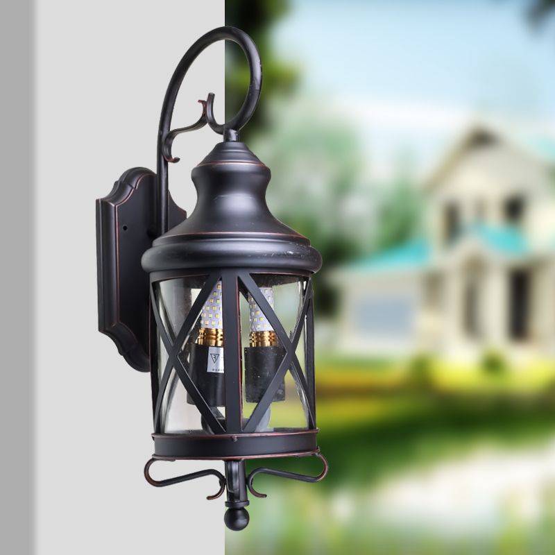 Iron Black Wall Lighting Fixture Lantern 2 Bulbs Rural Wall Sconce with Clear Glass Shade