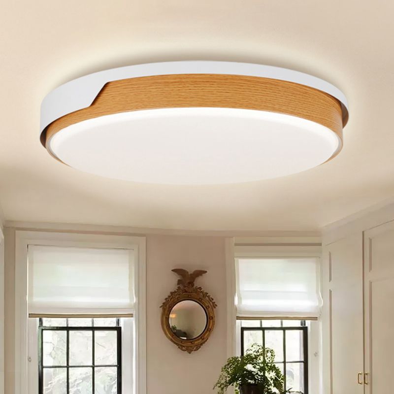 Beige Circle Flush Ceiling Light Modernist LED Wood Flush Mounted Lamp for Bedroom