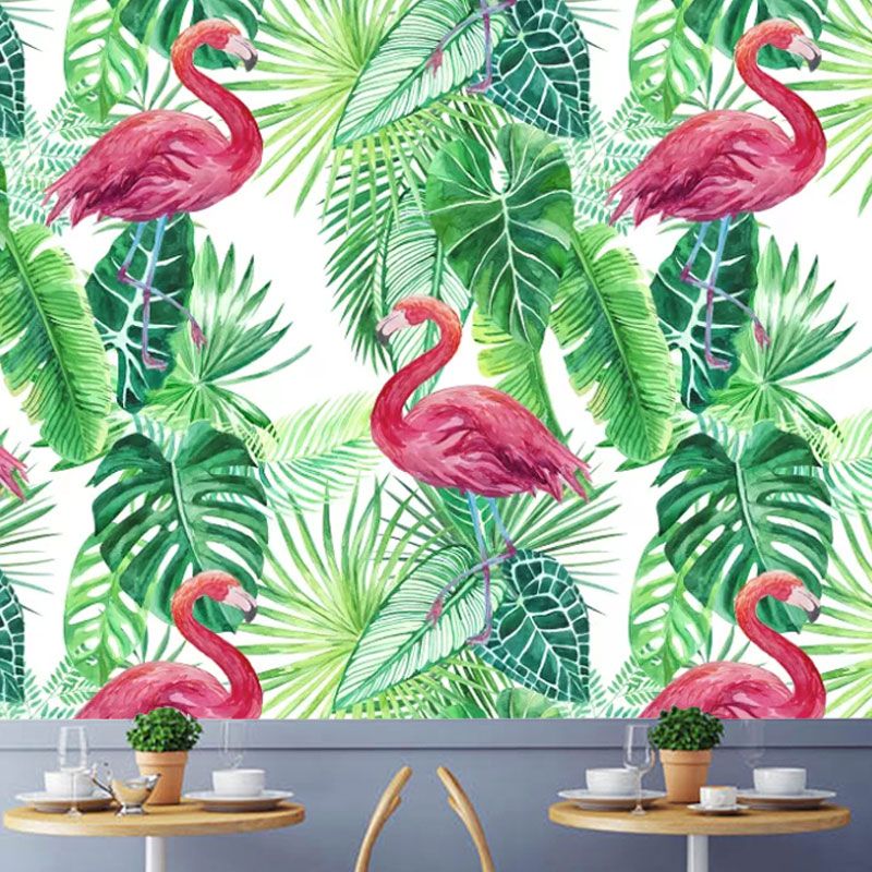 Tropical Leaves and Flamingo Mural Wallpaper for Home Decor, Pink and Green, Personalized Size Available