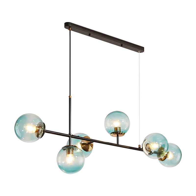 Industrial 6-Light Island Pendant with Amber/Milky White/Gradient Blue Glass Shade Brass Ball Ceiling Light with Adjustable Cord
