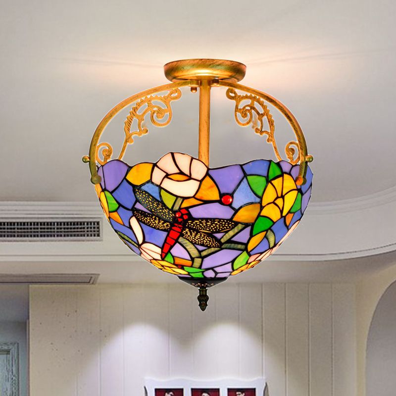 2 Lights Kitchen Semi-Flush Mount Mediterranean Beige/Red/Orange Close to Ceiling Lighting with Dragonfly Cut Glass Shade