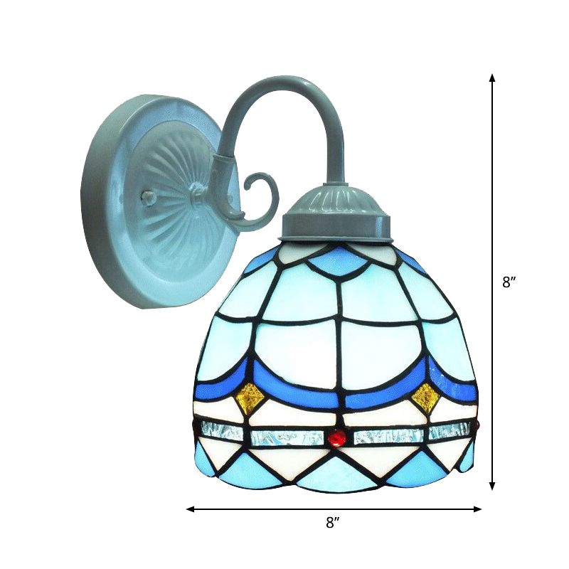 Tiffany Domed Small Wall Light Stained Glass 1 Head Blue Wall Sconce in White Finish for Living Room