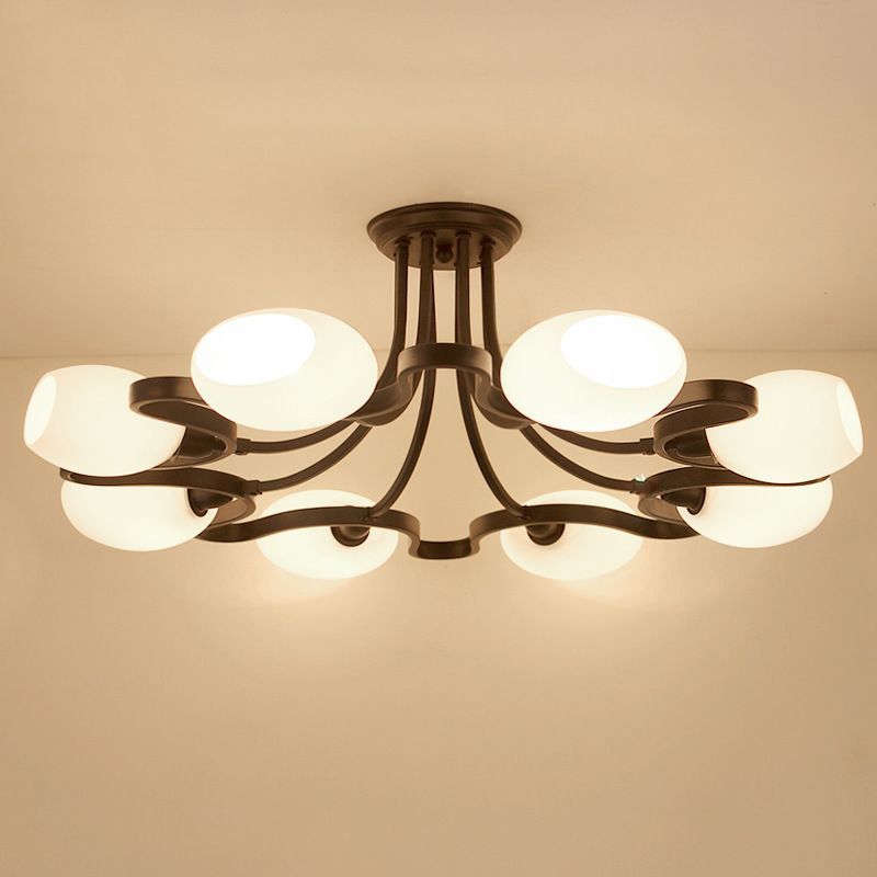 Black Semi Flush Light Rustic Cream Glass Bell Flush Mount Ceiling Chandelier for Living Room