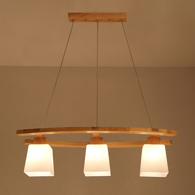 Nordic Personality Wood Island Pendant with Trapezoidal Glass Lampshade Dining Table Hanging Lamp