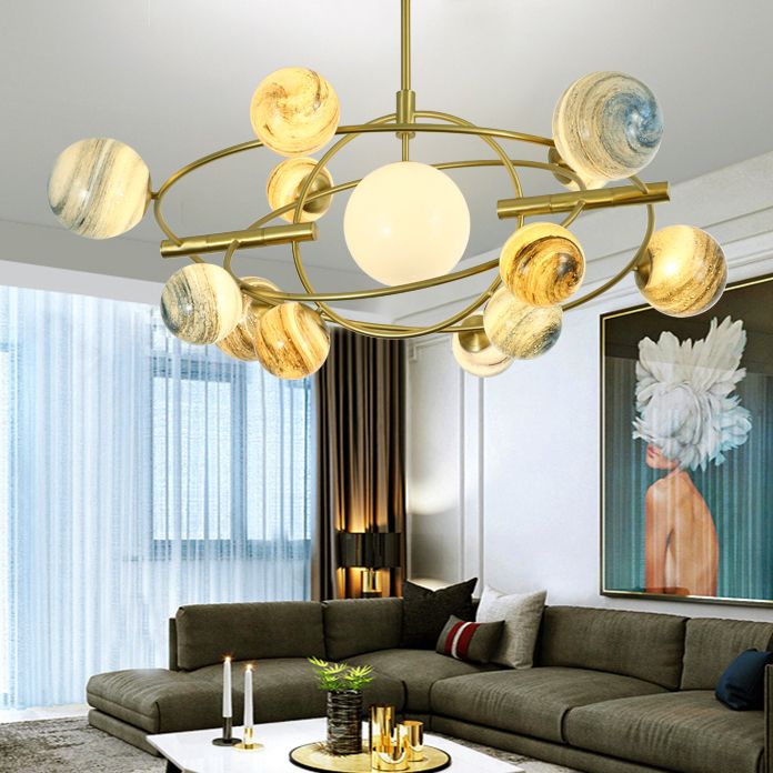 Multi Light Glass Sphere Chandelier Light Gold Pendant Light for Living Room