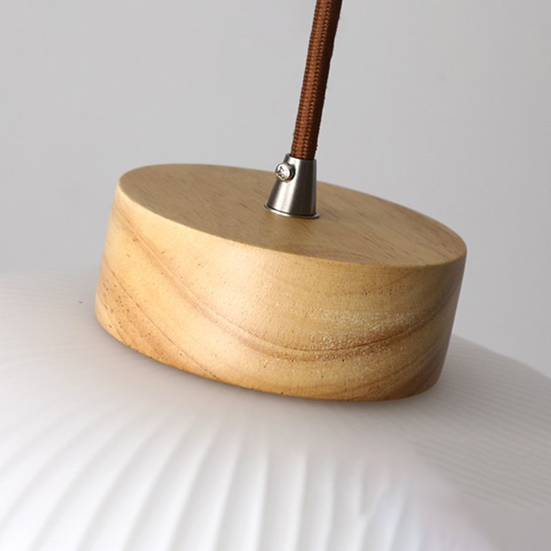 White Wooden Pendant Light in Modern Concise Style Glass Drum Hanging Light for Dining Room