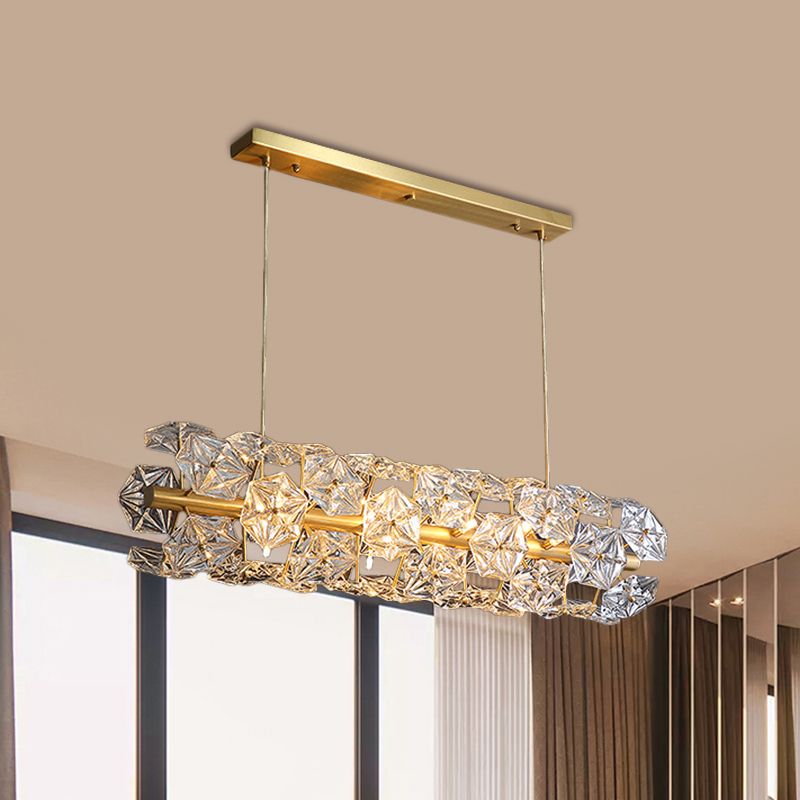 18 Bulbs Island Lighting Fixture Postmodern Restaurant Pendant Lamp with Horizontal Crystal Hexagon Shade in Brass