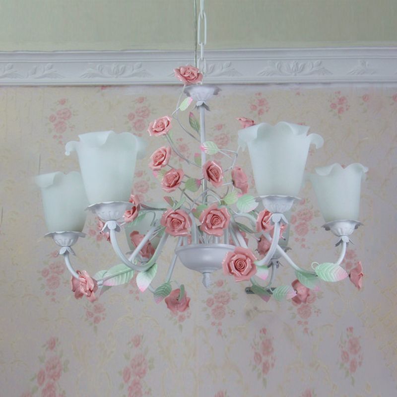 6-Bulb White Glass Chandelier Lamp Pastoral Pink Rose Living Room Hanging Pendant Light