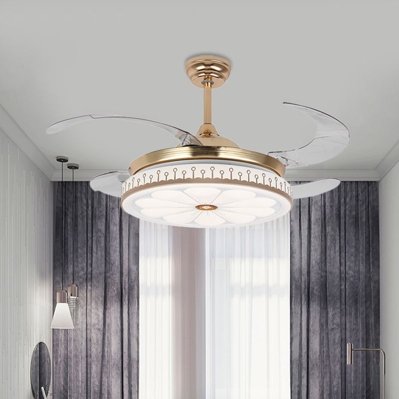 LED 42 "W Ronde ventilatorlamp Modern Gold Metal 4 Blades Semi Flush Mount Lighting voor slaapkamer, afstandsbediening/wandregeling/afstandsbediening en wandregeling