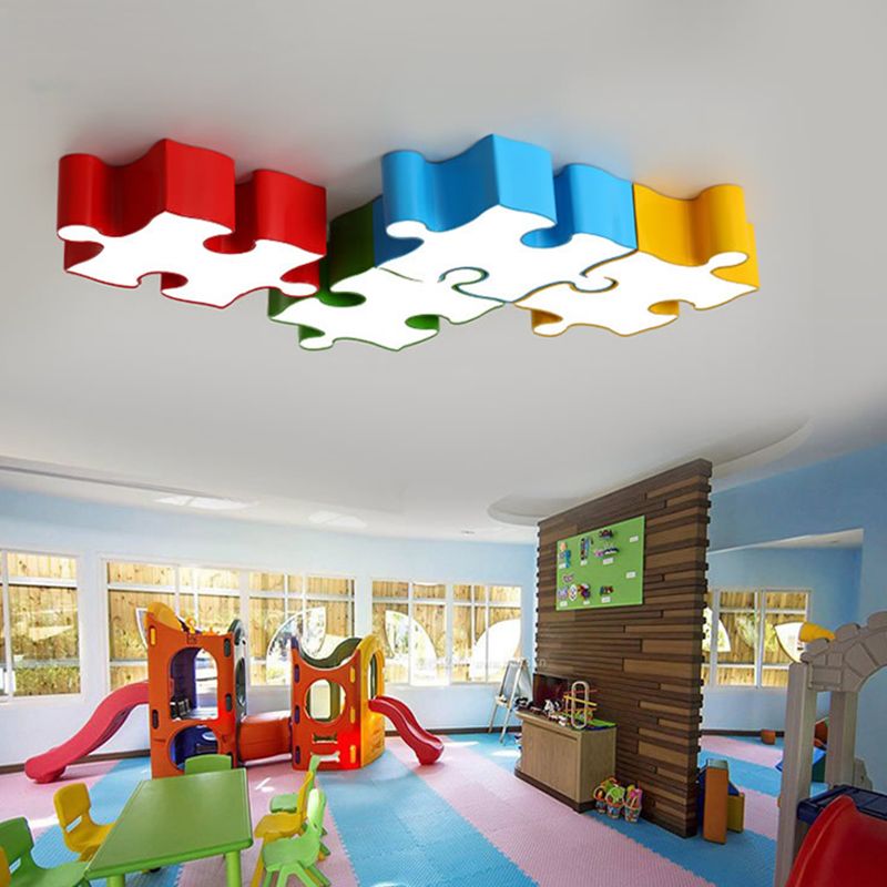 Jigsaw Puzzles Ceiling Flush Light Kids Style Acrylic Red/Yellow LED Flushmount in White/3 Color Light
