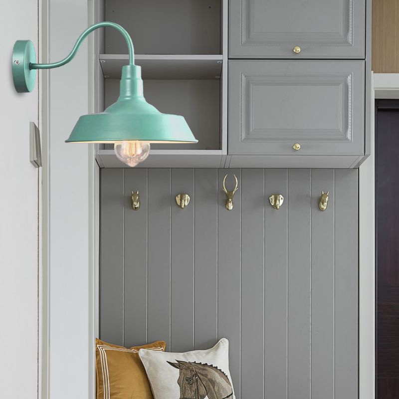 Industrial Stylish Barn Wall Sconce Lamp 1 Bulb Metallic Sconce Wall Lighting with Gooseneck Arm in Blue/Pink, 10"/14" Wide