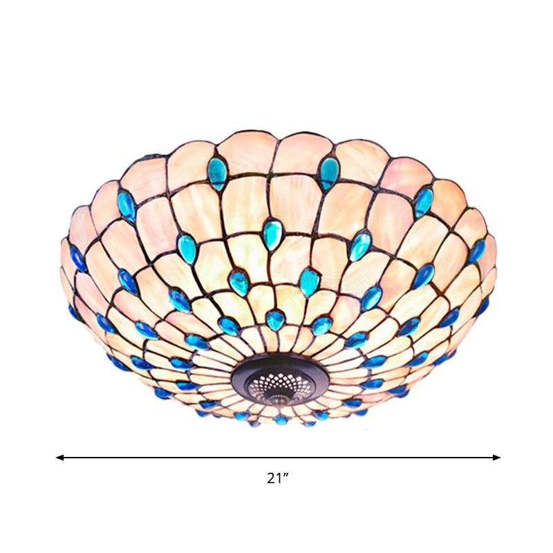 Shell Blue Flush Ceiling Light Jeweled Bowl 3/4 Bulbs 16"/21" Wide Tiffany Flushmount Lighting
