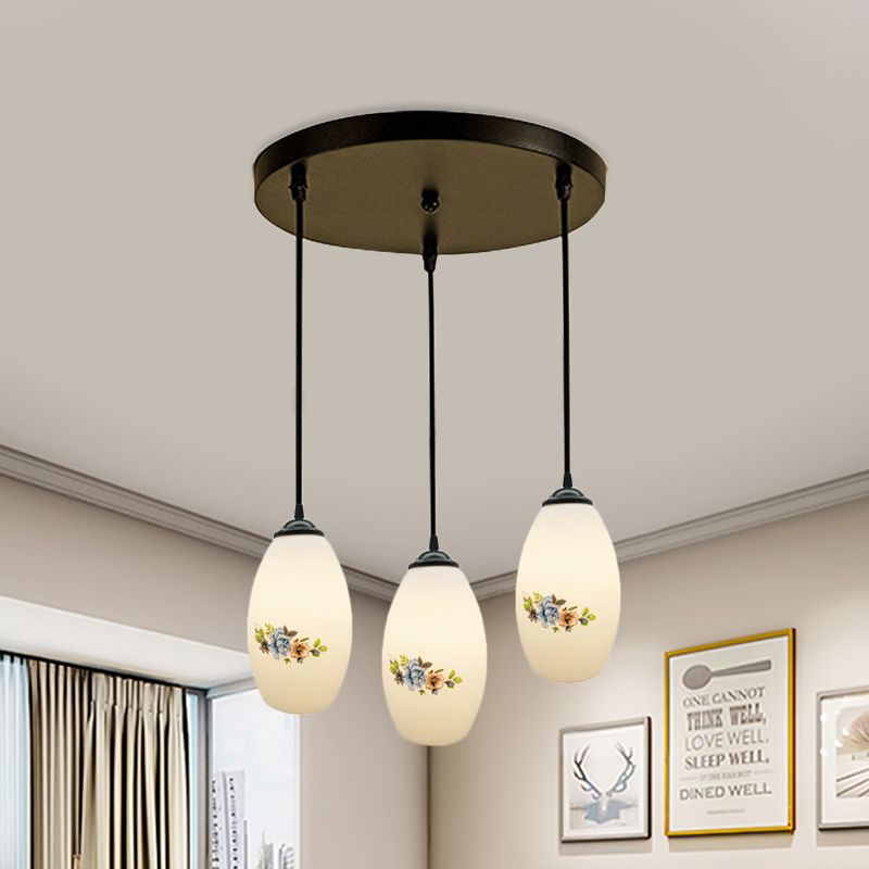 3 Lights Oval Multi-Pendant Modern Black Finish White Printed Glass Ceiling Hang Fixture with Round/Linear Canopy