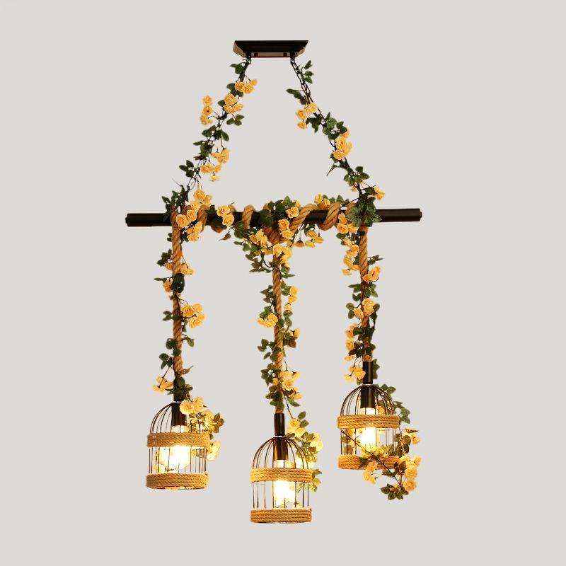 Birdcage Restaurant Island Lighting Industrial Hemp Rope 3/5-Light Black Ceiling Suspension Lamp