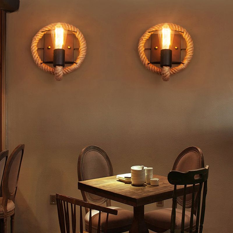 Roped Round/Oval Wall Light with Bare Bulb Nautical Style 1 Light Restaurant Wall Sconce Lighting in Black