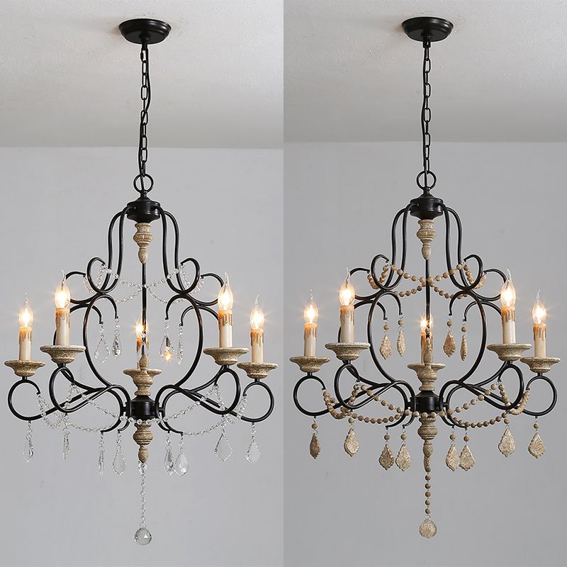 5 Bulbs Candle Hanging Lamp Countryside Distressed White Iron Chandelier Lighting with Wood Beads