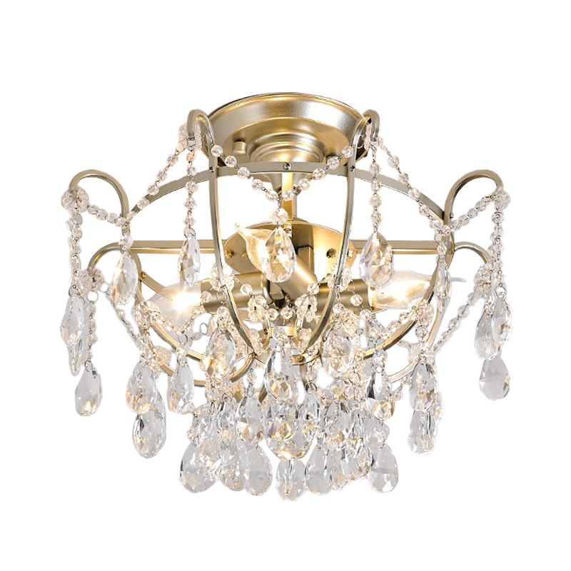 Goldene Schüssel Käfig Deckenleuchte Vintage Kristallstrang 4 Lichter Lounge Semi Flush Mount Light