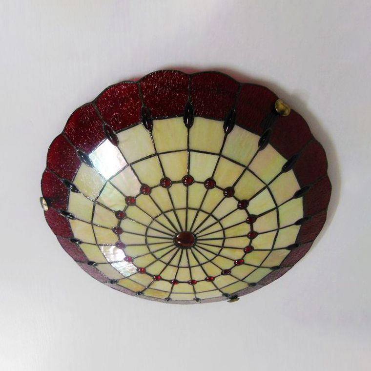 Bedroom Ceiling Light Tiffany Style 12"/16"/19.5" W Dome Shade Flush Mount Light with Jewel Decoration in Red