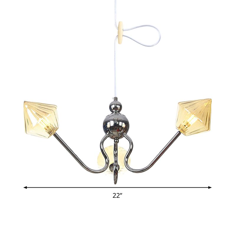 Diamond Amber Glass Hanging Chandelier Contemporary 3 Lights Chrome LED Ceiling Pendant Lamp