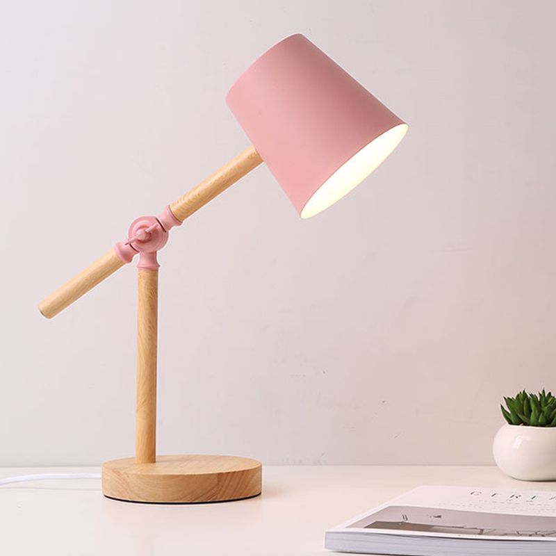 Holzschwung Arm Tischlampe Nordic 1 helles Nachttischlicht mit Fassschatten in Schwarz/Weiß/Rosa