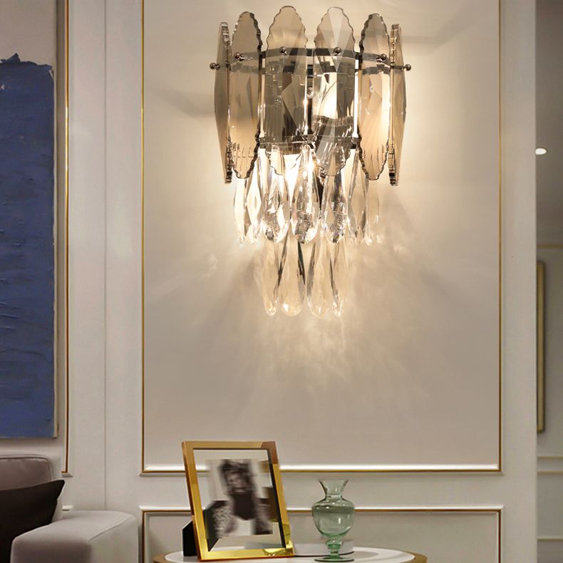 Gray Crystal Wall Sconce in Modern Luxury Style Electroplate Iron Stagger Wall Lamp for Bedroom