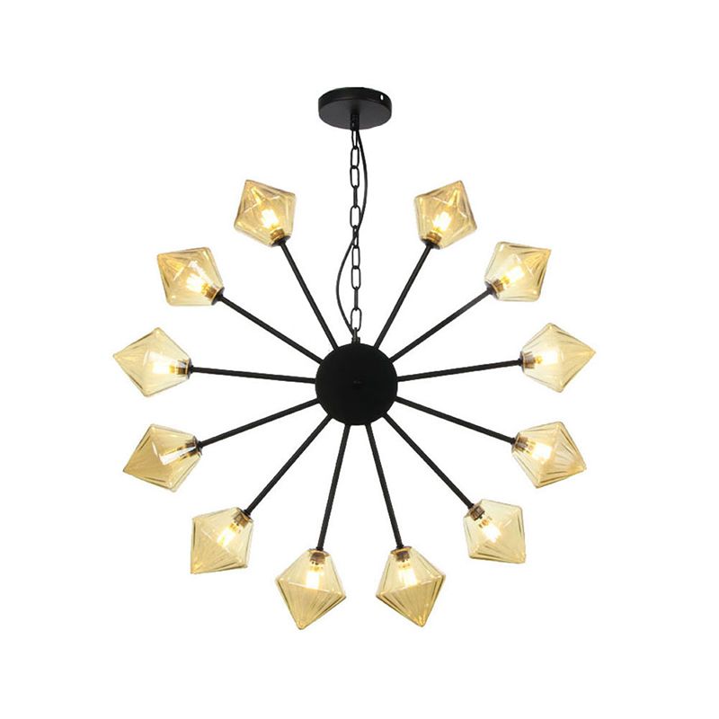 Diamond Shade Hanging Lighting Industrial Amber/Clear Glass 6/9/12 Heads Living Room Chandelier Lamp in Black/Brass/Copper