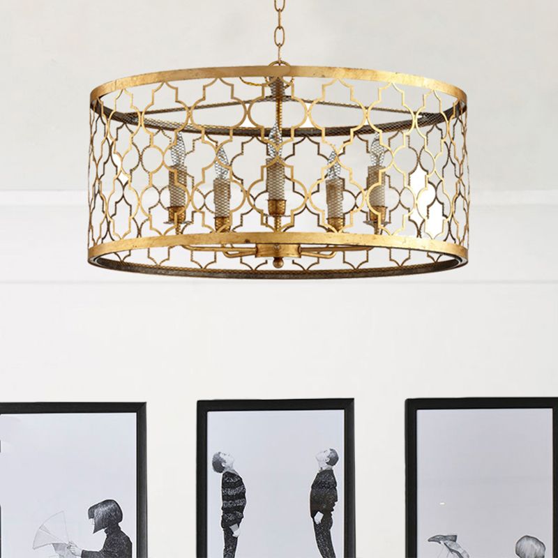 5 Lights Ceiling Suspension Lamp Country Drum Metal Chandelier Lighting in Gold with Living Room