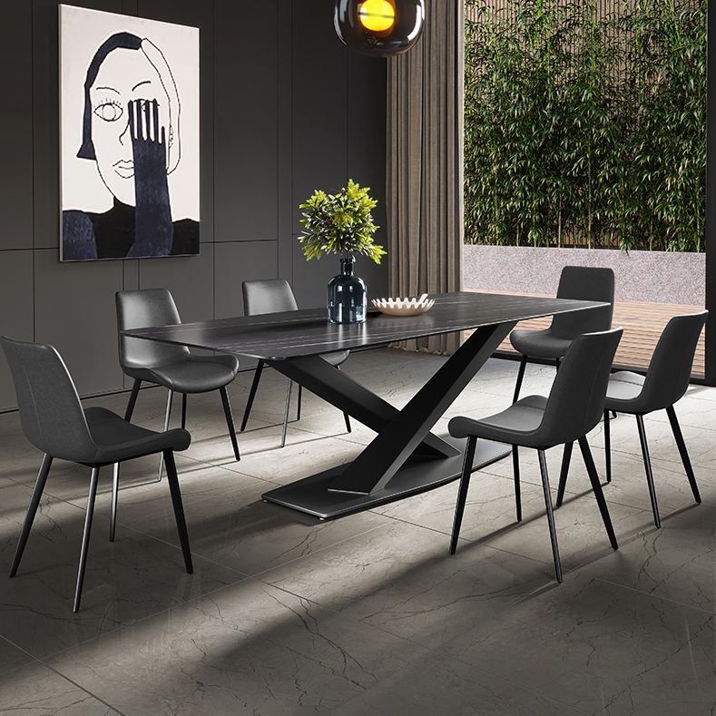 Modern Sintered Stone Rectangular DiningTable with Metal Base Black TableSet for Home