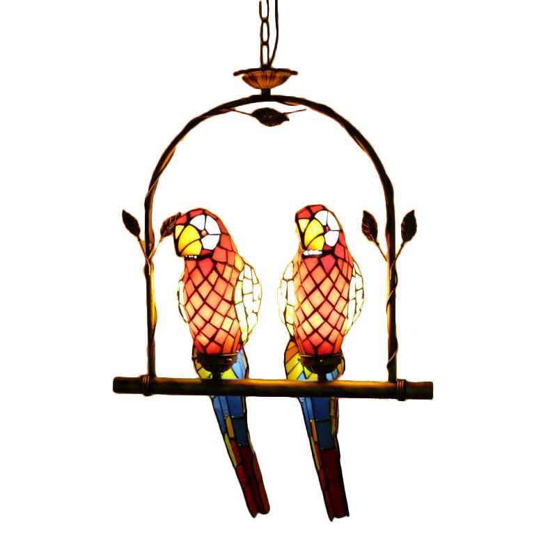 Parrot Stainless Glass Pendant Lamp Tiffany Stylish 2 Lights Red/Red and Yellow Hanging Ceiling Light with Perch Swing