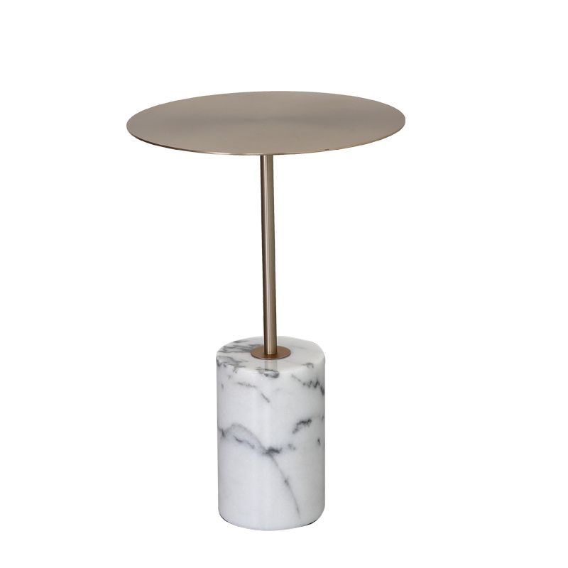 Iron and Marble End Table 11.8" Tall Mid-Century Round Drum Side Table