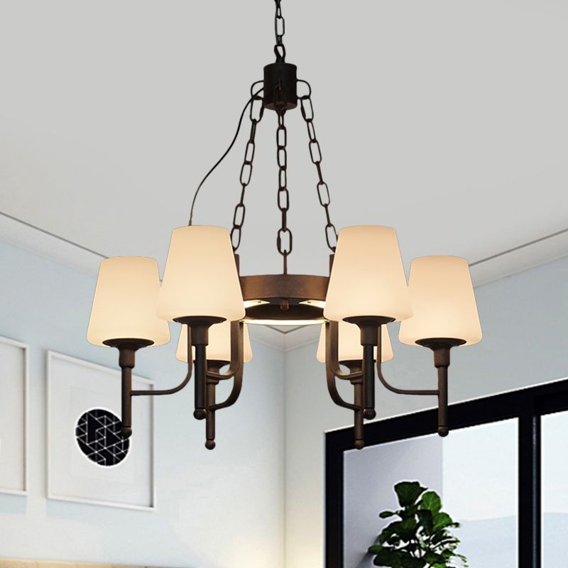 Traditionele taps toelopende kroonluchter hanglamp 6 hoofden helder/crème glashangende lamp in roest voor restaurant