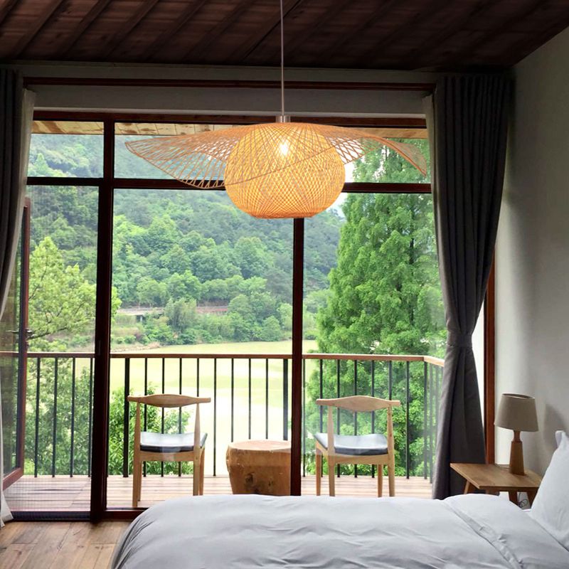 Bamboo Handwoven Suspension Lighting Minimalist 1 Head Wood Pendant Ceiling Light for Restaurant