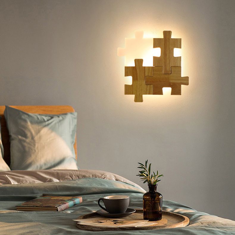 Creative Puzzles-shaped LED Wall Lamp Nordic Minimalism Rubber Wood Home Decorative Sconce Lights for Bedroom